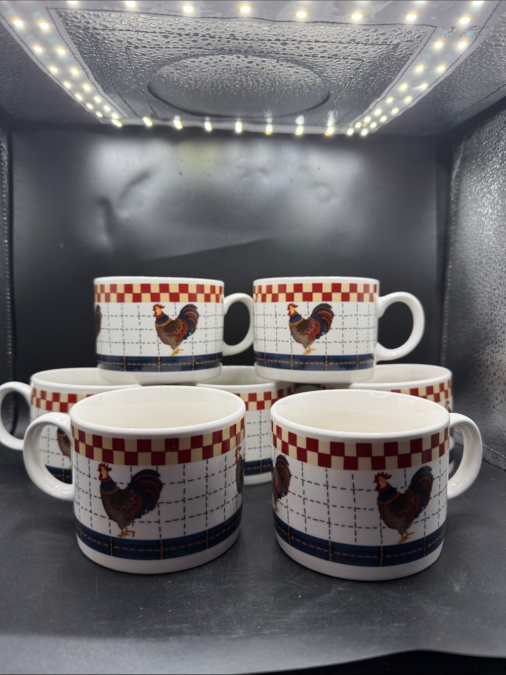 Oneida Rooster Check Ceramic Mugs - Red, Blue, White (Set of 7)
